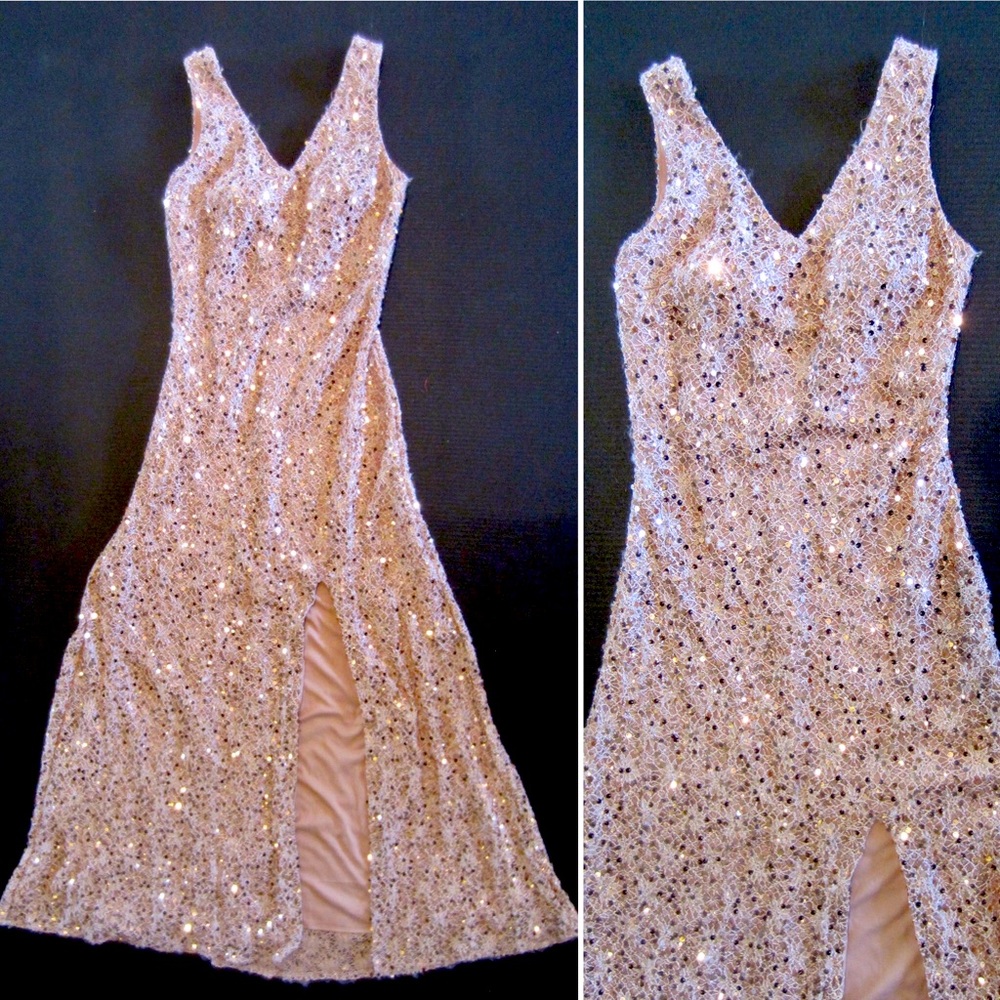 Women’s Pink Gold Sequin Lace Formal Slit Gown